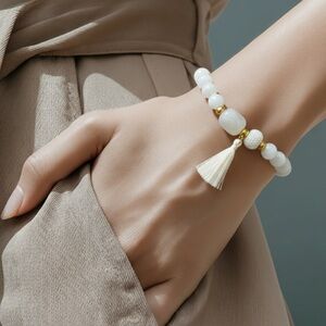 Women White Jade Bracelet 8mm Beads With Borla
